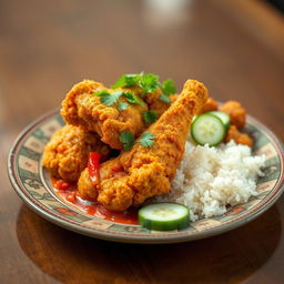 A beautifully plated serving of Ayam Geprek, a popular Indonesian dish featuring crispy fried chicken that is smashed and served with a spicy sambal sauce