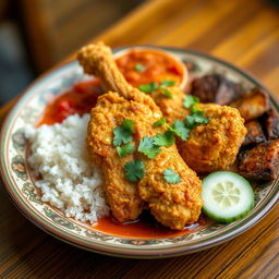 A beautifully plated serving of Ayam Geprek, a popular Indonesian dish featuring crispy fried chicken that is smashed and served with a spicy sambal sauce