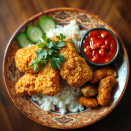 A beautifully plated serving of Ayam Geprek, a popular Indonesian dish featuring crispy fried chicken that is smashed and served with a spicy sambal sauce