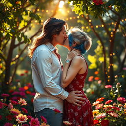 A romantic scene depicting two couples kissing each other in a lush garden