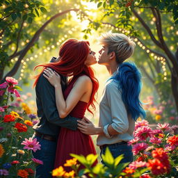 A romantic scene depicting two couples kissing each other in a lush garden