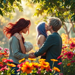 A romantic scene depicting two couples kissing each other in a lush garden