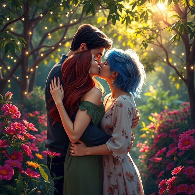 A romantic scene depicting two couples kissing each other in a lush garden