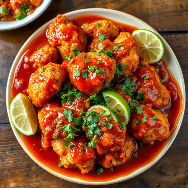 A delicious and enticing plate of crispy fried chicken slathered in a rich, vibrant sambal sauce