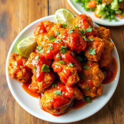 A delicious and enticing plate of crispy fried chicken slathered in a rich, vibrant sambal sauce