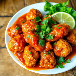 A delicious and enticing plate of crispy fried chicken slathered in a rich, vibrant sambal sauce
