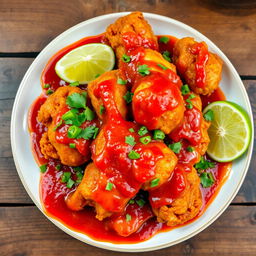 A delicious and enticing plate of crispy fried chicken slathered in a rich, vibrant sambal sauce