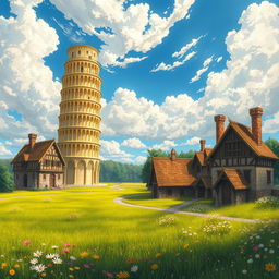 A captivating light novel cover in a fantasy art style, showcasing a massive glimmering golden Tower of Pisa standing majestically upright, towering into the clouds above