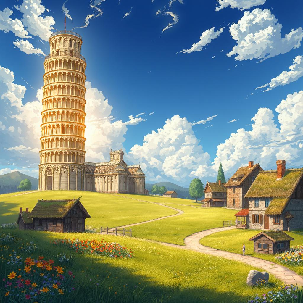 A captivating light novel cover in a fantasy art style, showcasing a massive glimmering golden Tower of Pisa standing majestically upright, towering into the clouds above