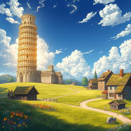 A captivating light novel cover in a fantasy art style, showcasing a massive glimmering golden Tower of Pisa standing majestically upright, towering into the clouds above