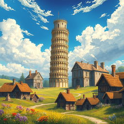 A captivating light novel cover in a fantasy art style, showcasing a massive glimmering golden Tower of Pisa standing majestically upright, towering into the clouds above