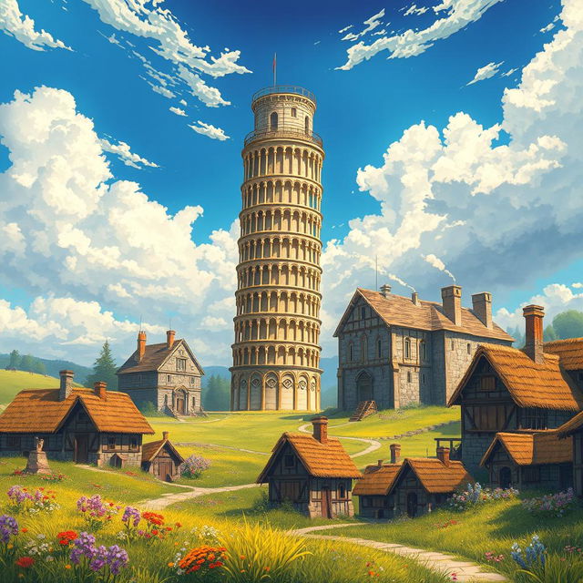 A captivating light novel cover in a fantasy art style, showcasing a massive glimmering golden Tower of Pisa standing majestically upright, towering into the clouds above