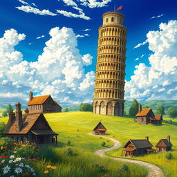 A captivating light novel cover in a fantasy art style, showcasing a massive glimmering golden Tower of Pisa standing majestically upright, towering into the clouds above