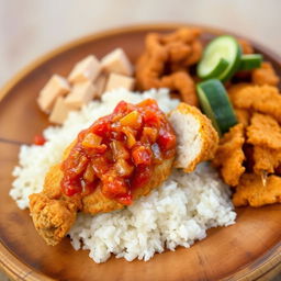 A mouth-watering serving of Ayam Geprek, showcasing a perfectly crispy fried chicken piece that has been smashed, revealing its tender interior