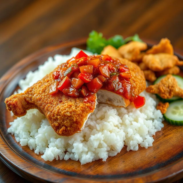 A mouth-watering serving of Ayam Geprek, showcasing a perfectly crispy fried chicken piece that has been smashed, revealing its tender interior