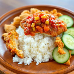 A mouth-watering serving of Ayam Geprek, showcasing a perfectly crispy fried chicken piece that has been smashed, revealing its tender interior