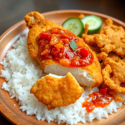 A mouth-watering serving of Ayam Geprek, showcasing a perfectly crispy fried chicken piece that has been smashed, revealing its tender interior