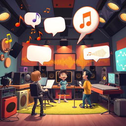 A dynamic scene depicting various forms of sound in action, including musical notes floating through the air, clear speech bubbles emanating from animated characters, and vibrant sound wave patterns illustrating the concept of sound traveling
