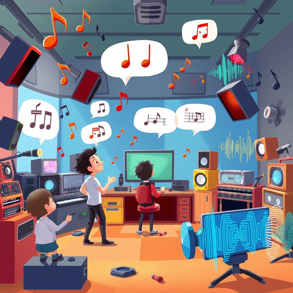 A dynamic scene depicting various forms of sound in action, including musical notes floating through the air, clear speech bubbles emanating from animated characters, and vibrant sound wave patterns illustrating the concept of sound traveling