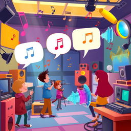 A dynamic scene depicting various forms of sound in action, including musical notes floating through the air, clear speech bubbles emanating from animated characters, and vibrant sound wave patterns illustrating the concept of sound traveling