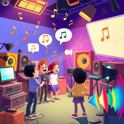 A dynamic scene depicting various forms of sound in action, including musical notes floating through the air, clear speech bubbles emanating from animated characters, and vibrant sound wave patterns illustrating the concept of sound traveling