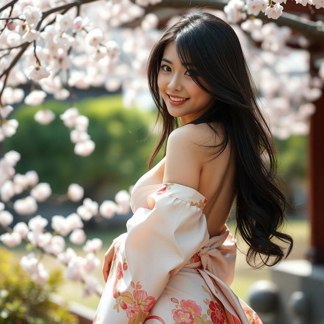 A beautiful Japanese woman with long, flowing black hair, wearing an elegant and revealing kimono that accentuates her curves