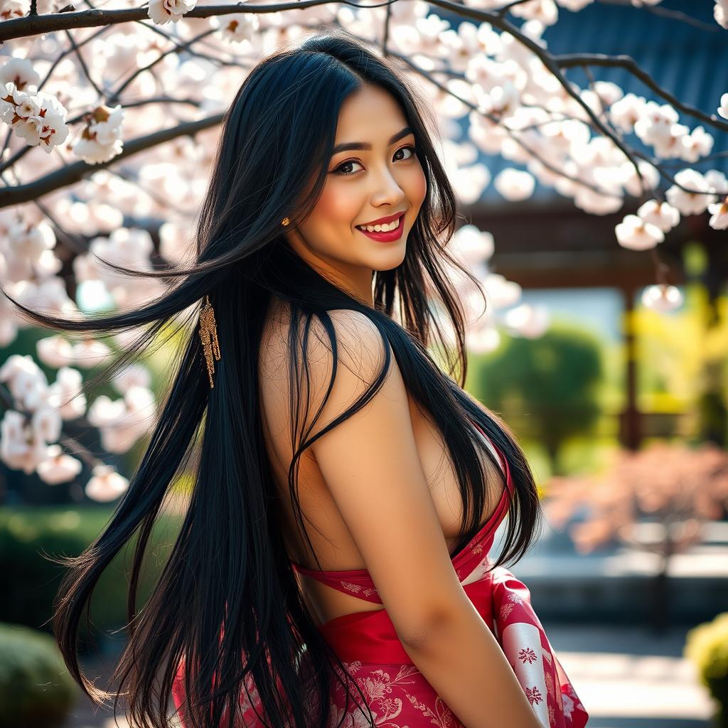 A beautiful Japanese woman with long, flowing black hair, wearing an elegant and revealing kimono that accentuates her curves