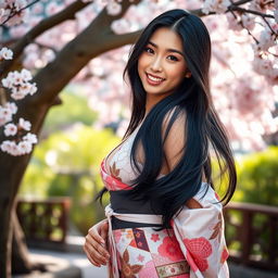 A beautiful Japanese woman with long, flowing black hair, wearing an elegant and revealing kimono that accentuates her curves
