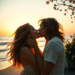 A sensual, artistic depiction of two young adults passionately kissing