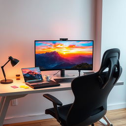 A modern photo editing workspace with a high-resolution monitor displaying a vibrant, edited landscape photograph