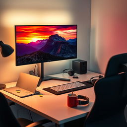 A modern photo editing workspace with a high-resolution monitor displaying a vibrant, edited landscape photograph