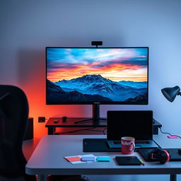 A modern photo editing workspace with a high-resolution monitor displaying a vibrant, edited landscape photograph