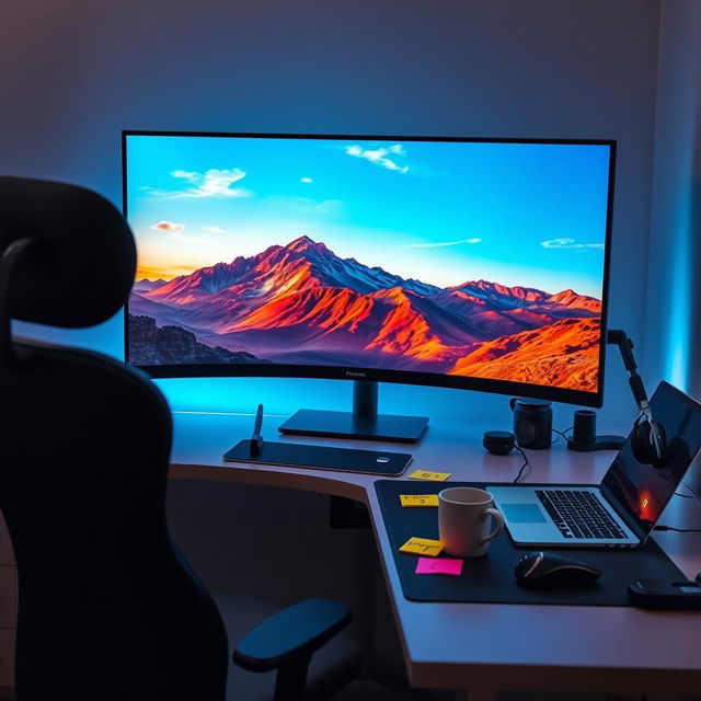 A modern photo editing workspace with a high-resolution monitor displaying a vibrant, edited landscape photograph