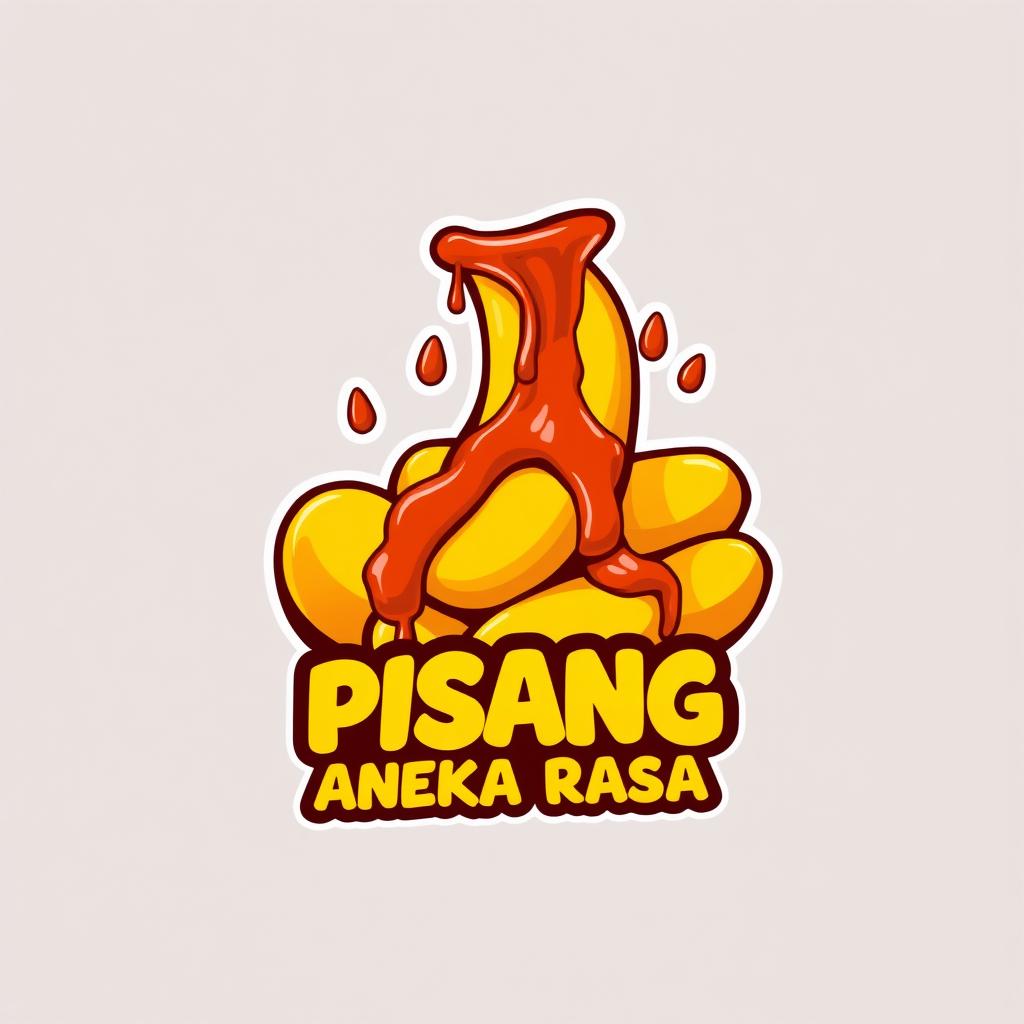 A logo design featuring a stylized illustration of goreng pisang (fried banana) with an abundance of spicy sambel (sauce) dripping over it