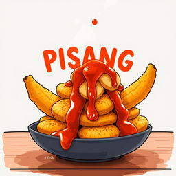 An appetizing illustration of goreng pisang (fried banana) topped with a generous amount of spicy sambel (sauce) cascading over the sides