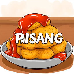 An appetizing illustration of goreng pisang (fried banana) topped with a generous amount of spicy sambel (sauce) cascading over the sides