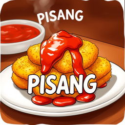 An appetizing illustration of goreng pisang (fried banana) topped with a generous amount of spicy sambel (sauce) cascading over the sides