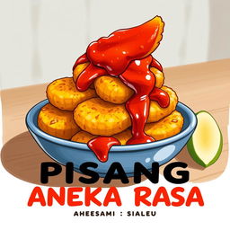 An appetizing illustration of goreng pisang (fried banana) topped with a generous amount of spicy sambel (sauce) cascading over the sides