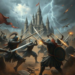 A dramatic battle scene set in a fantastical landscape, featuring armored warriors clashing swords, surrounded by an epic atmosphere filled with swirling dust and sparks flying from the contact of weapons