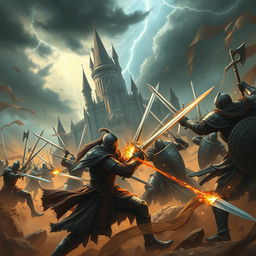 A dramatic battle scene set in a fantastical landscape, featuring armored warriors clashing swords, surrounded by an epic atmosphere filled with swirling dust and sparks flying from the contact of weapons