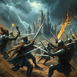 A dramatic battle scene set in a fantastical landscape, featuring armored warriors clashing swords, surrounded by an epic atmosphere filled with swirling dust and sparks flying from the contact of weapons