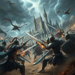 A dramatic battle scene set in a fantastical landscape, featuring armored warriors clashing swords, surrounded by an epic atmosphere filled with swirling dust and sparks flying from the contact of weapons