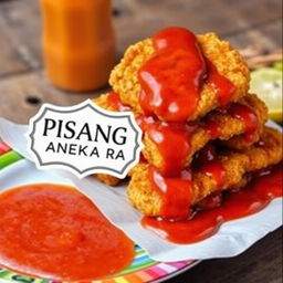 A realistic photograph of goreng pisang (fried banana) piled high with a rich, spicy sambel (sauce) cascading down the sides