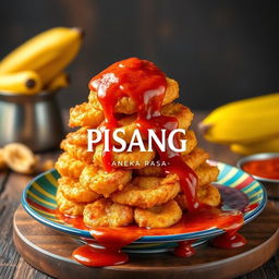 A realistic photograph of goreng pisang (fried banana) piled high with a rich, spicy sambel (sauce) cascading down the sides