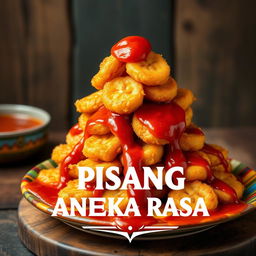 A realistic photograph of goreng pisang (fried banana) piled high with a rich, spicy sambel (sauce) cascading down the sides