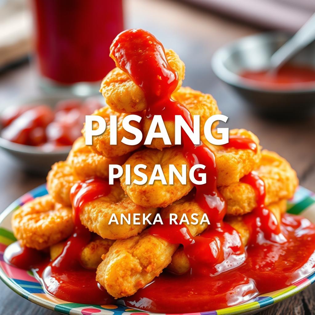 A realistic photograph of goreng pisang (fried banana) piled high with a rich, spicy sambel (sauce) cascading down the sides