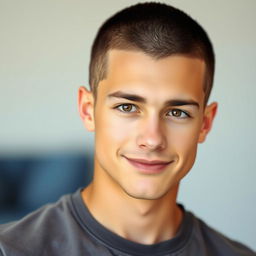 A portrait of a young adult male with a buzz cut hairstyle, looking confidently at the camera