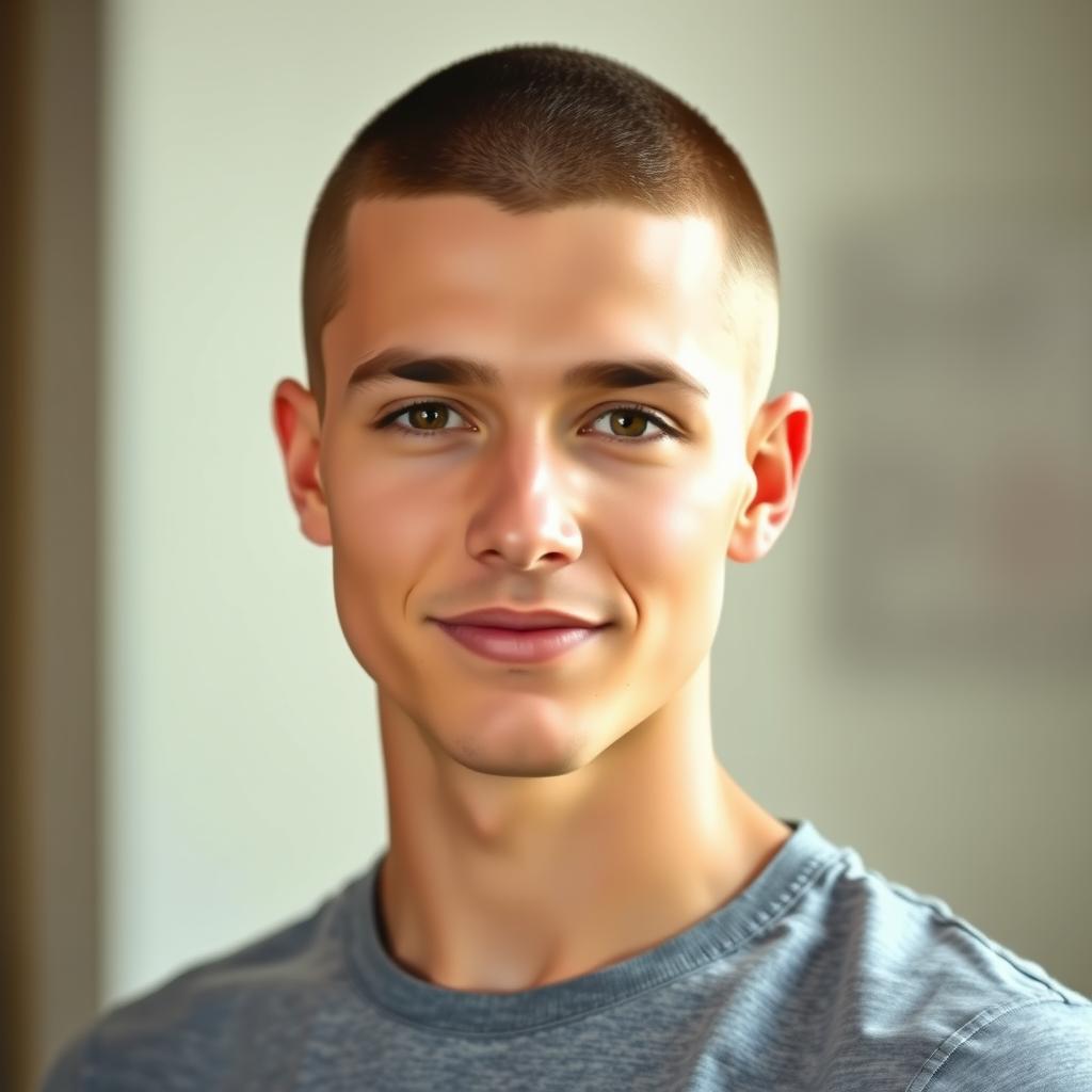 A portrait of a young adult male with a buzz cut hairstyle, looking confidently at the camera