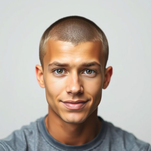 A portrait of a young adult male with a buzz cut hairstyle, looking confidently at the camera