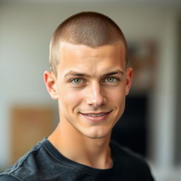 A portrait of a young adult male with a buzz cut hairstyle, looking confidently at the camera